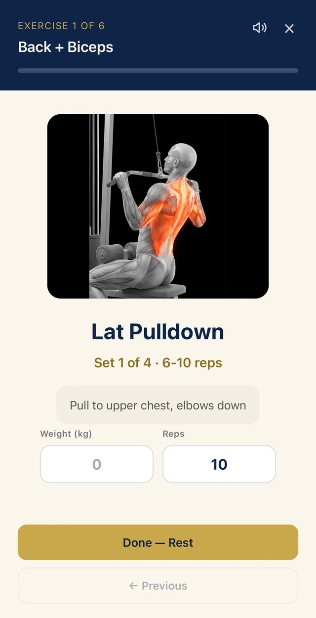 AGUNA app exercise screen — 3D lat pulldown demo with the working back muscles highlighted, one form cue, weight and reps counted