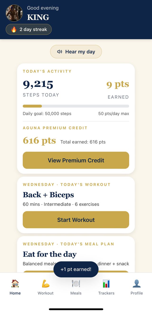 AGUNA home screen — today's workout, meal plan, step points and Premium Credit already planned with the user's name