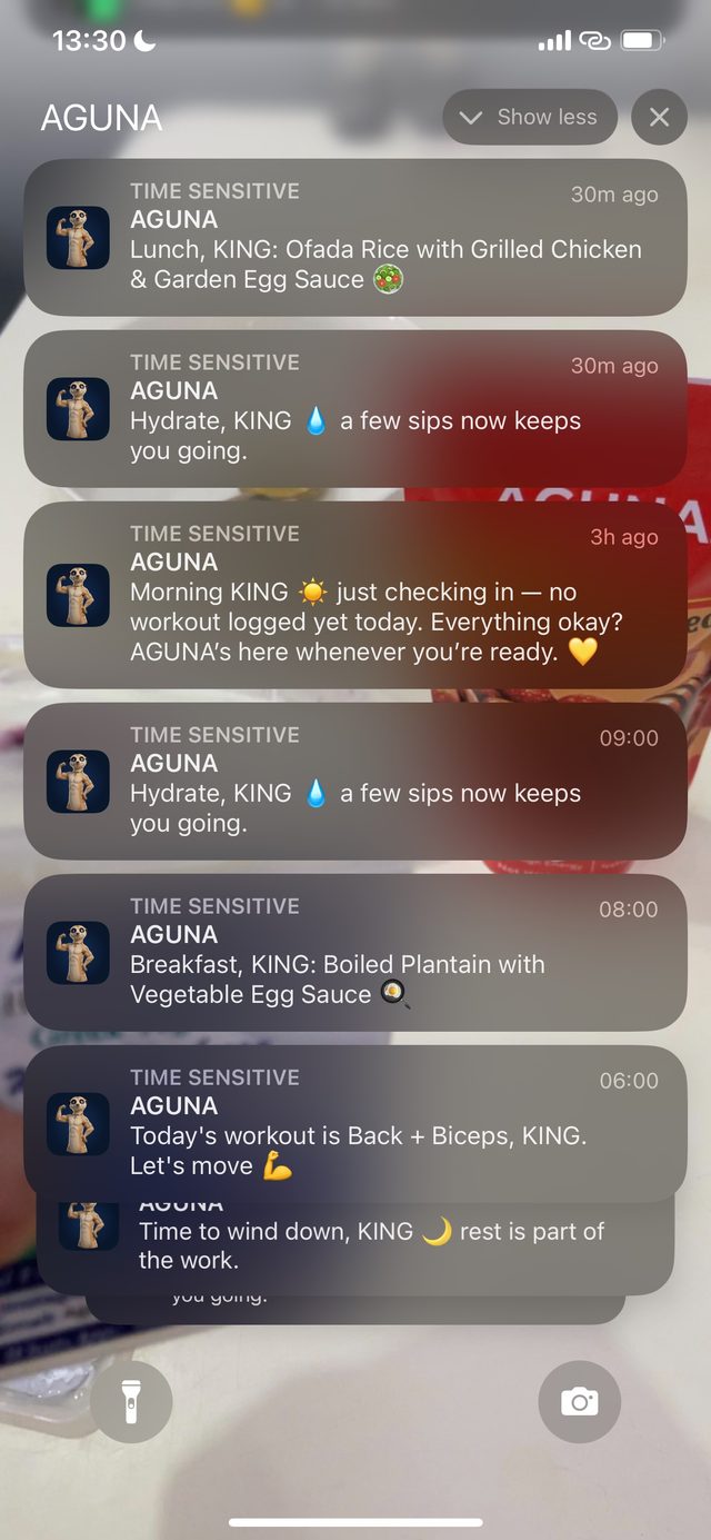 AGUNA meal reminders on iPhone — Ofada rice with grilled chicken and garden egg sauce for lunch, boiled plantain with vegetable egg sauce for breakfast