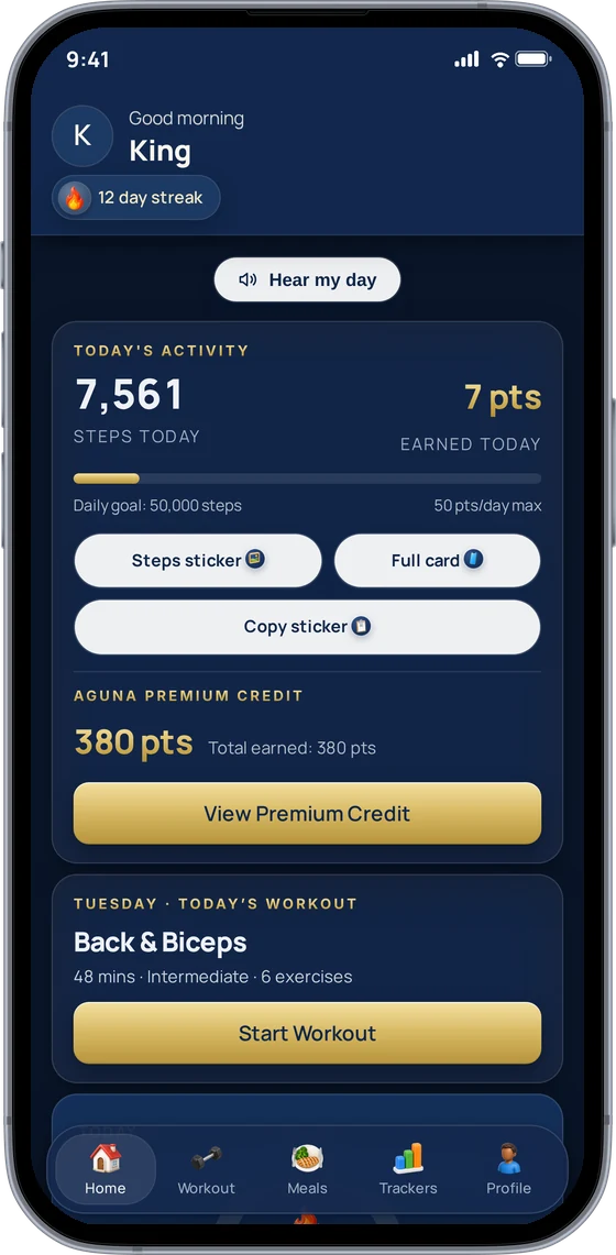 AGUNA Home in dark mode: steps, points and today's workout