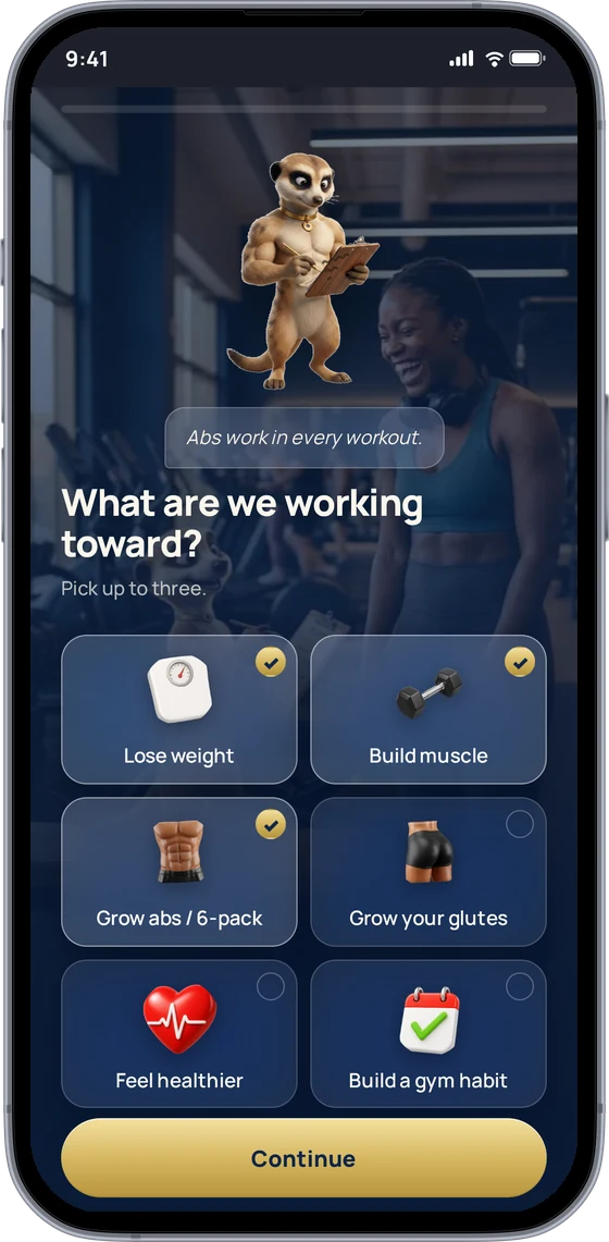 Goal picker: lose weight, build muscle, grow abs, grow your glutes, feel healthier, build a gym habit