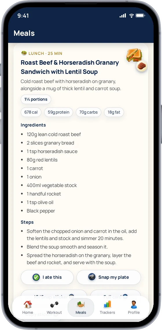 A recipe card: roast beef and horseradish granary sandwich with lentil soup, with ingredients, steps and macros
