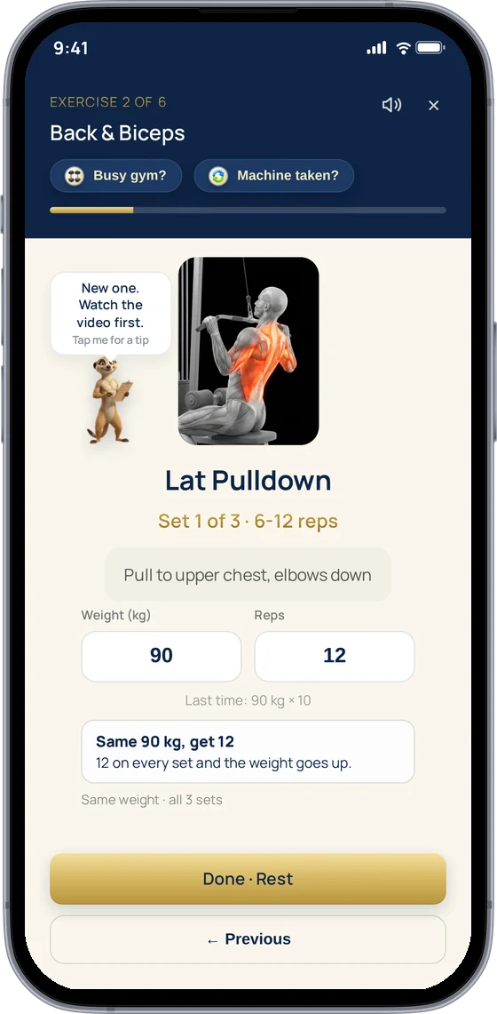 A set in progress: Lat Pulldown, set 1 of 3, 90 kg for 12 reps, with Busy gym and Machine taken buttons