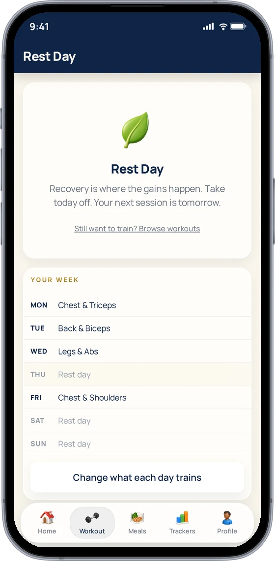 Your week: training days with rest days on Thursday, Saturday and Sunday, and a Change what each day trains button