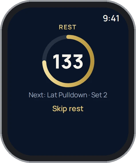 AGUNA on Apple Watch: the rest timer counting down and the next set