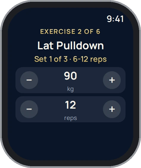 AGUNA on Apple Watch: Lat Pulldown, set 1 of 3, weight and reps