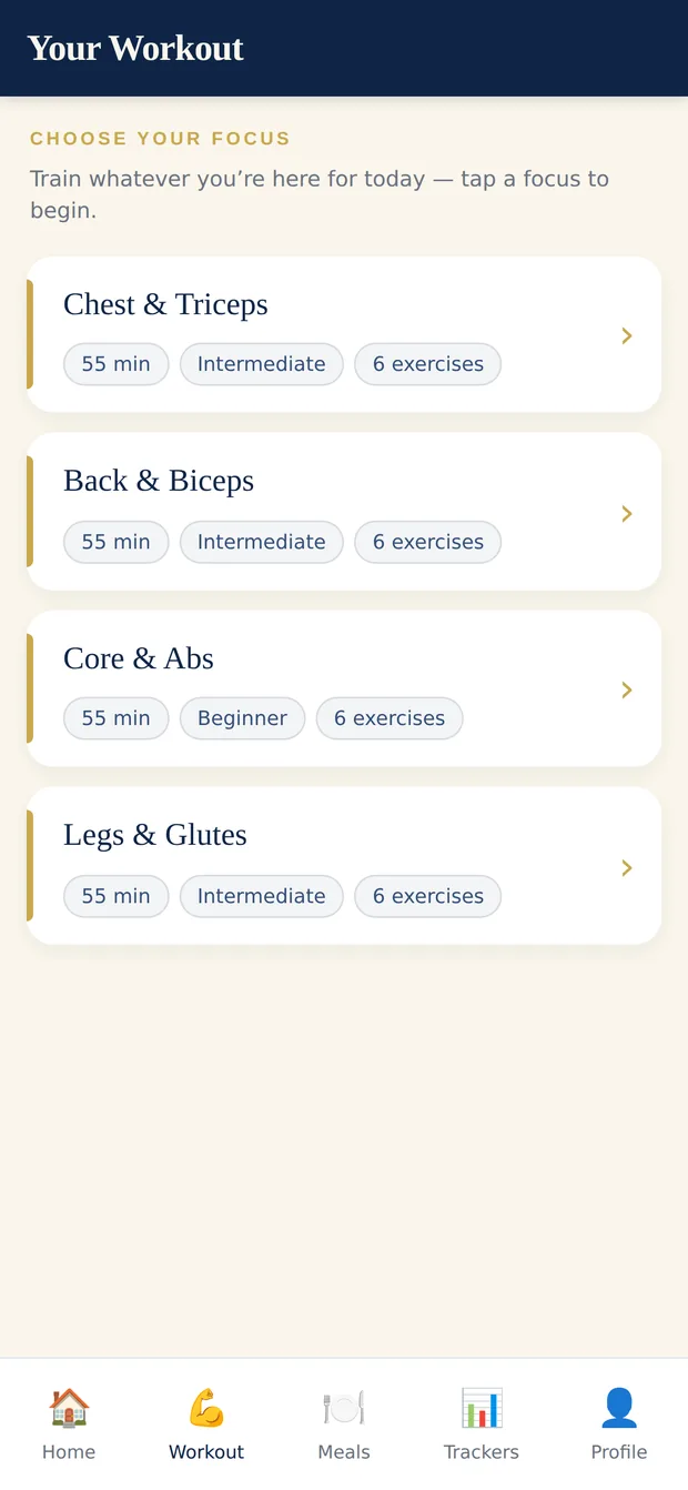 AGUNA workout catalogue listing focuses such as Back and Biceps and Legs and Glutes