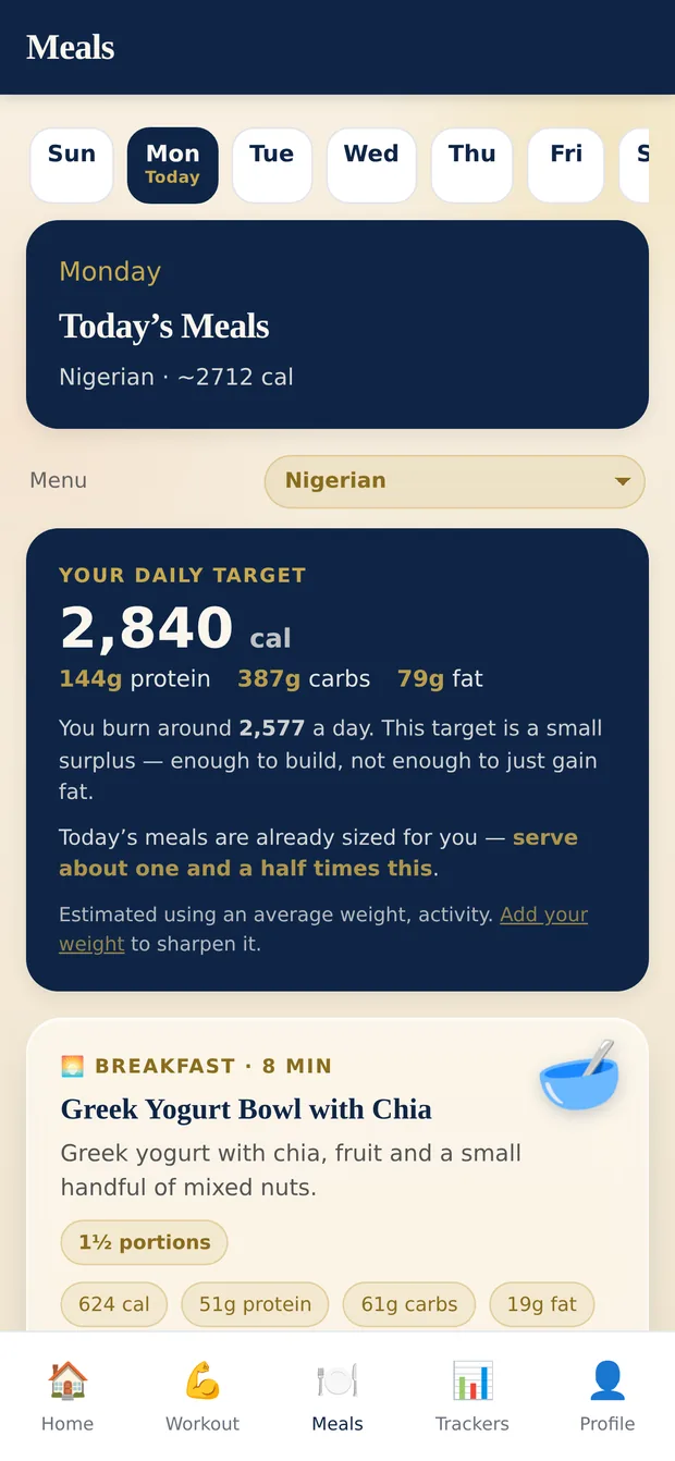 AGUNA meal plan for the day with breakfast, lunch, dinner and a snack