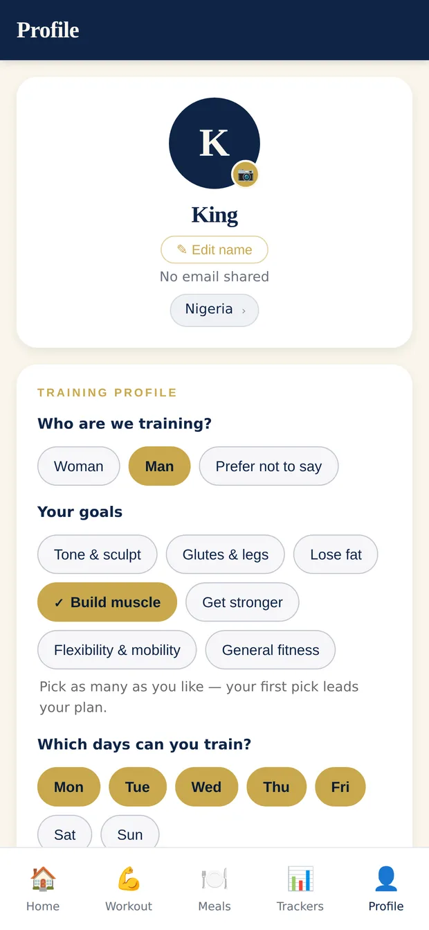 AGUNA training profile with goals and training days