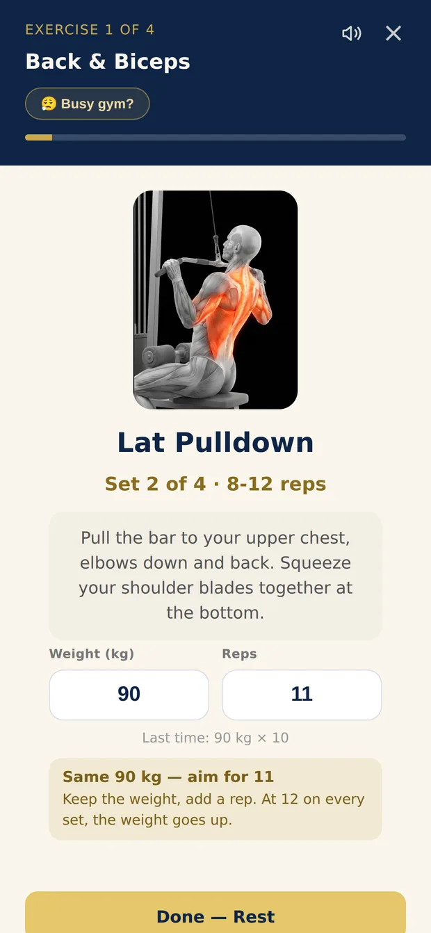 AGUNA guided workout screen with an exercise illustration, set logging and last week's numbers