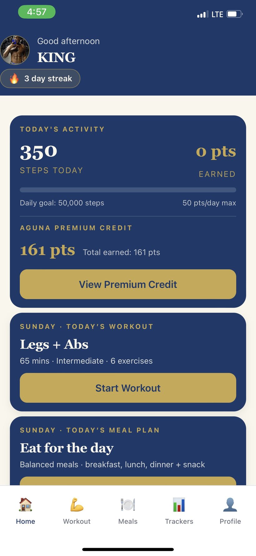 AGUNA home screen showing today's workout, meals and Premium Credit for KING