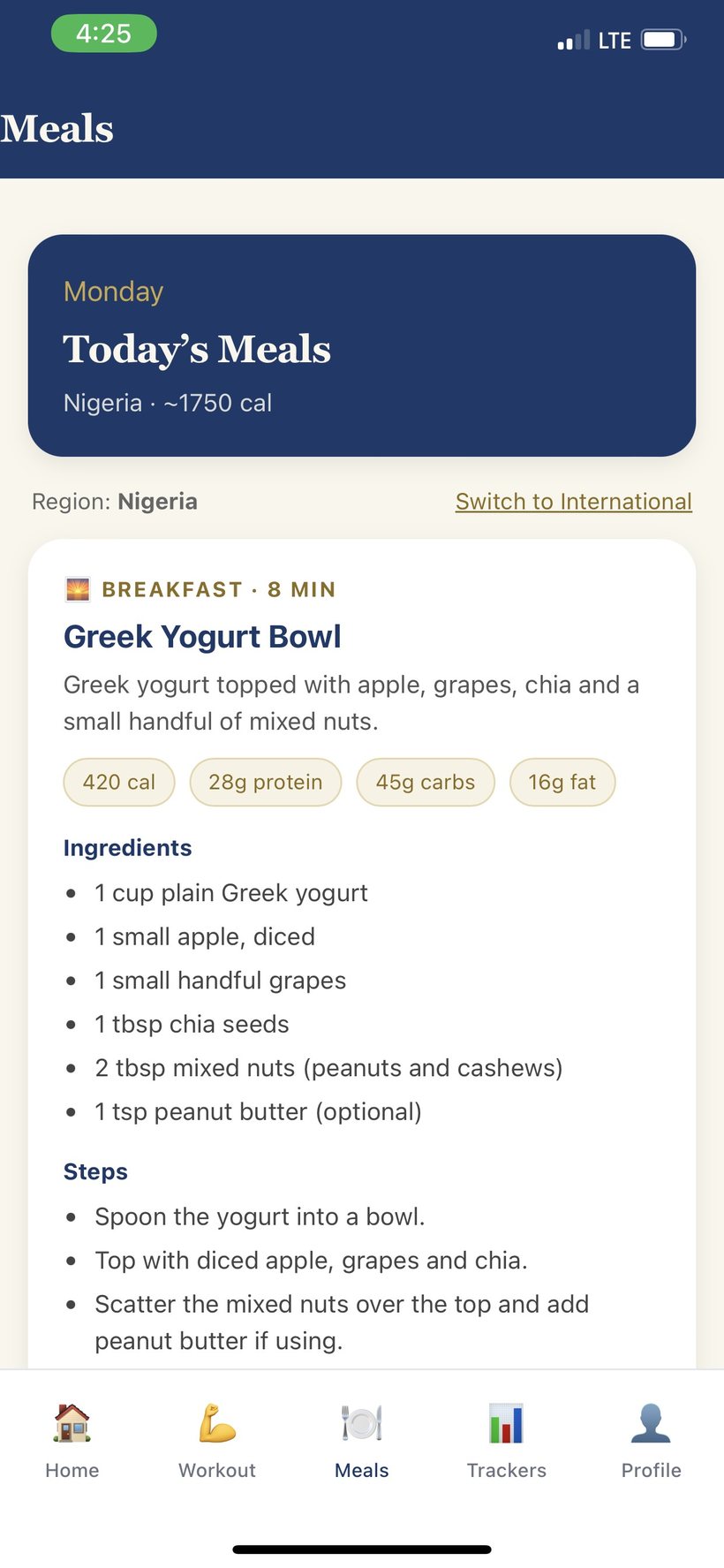 AGUNA Meals tab: Today's Meals for your region with calories and macros