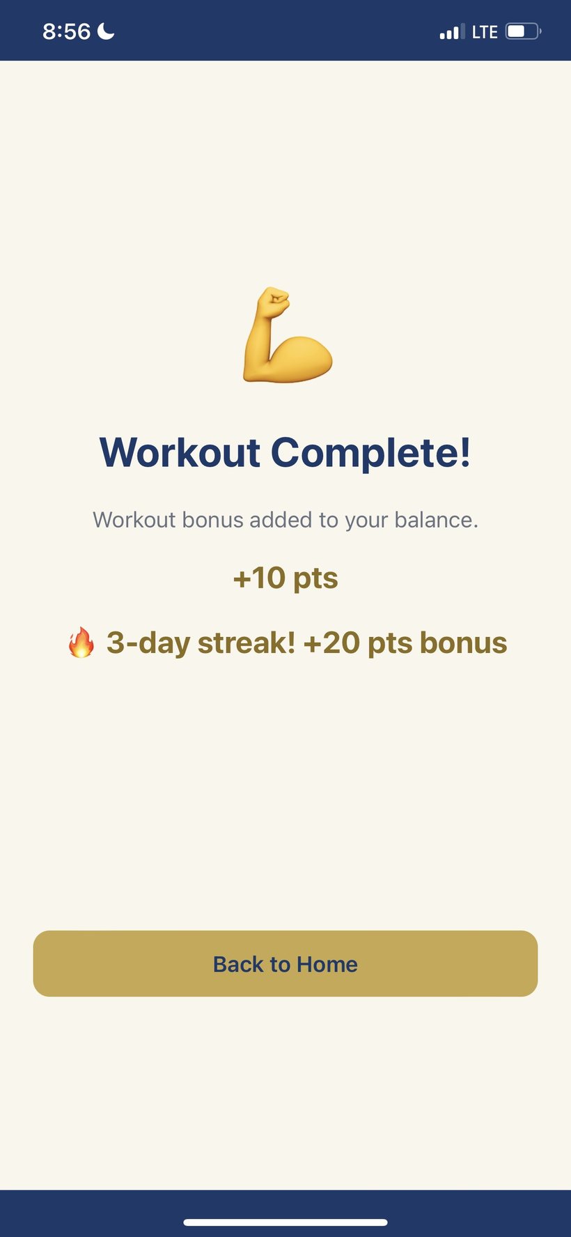 AGUNA workout complete: plus 10 points and a 3-day streak bonus